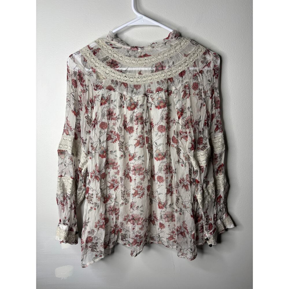 Anthropologie Boho Blouse tiny‎ floral crinkle chiffon lace trim poet sleeve S - Picture 9 of 14